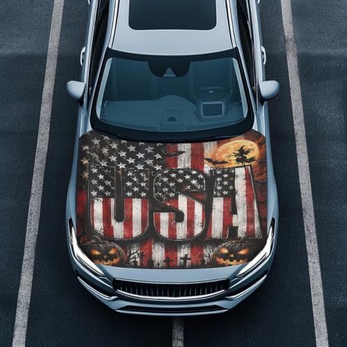 Image of Halloween American Flag Theme Car Hood Cover Protector for SUV Sedans Trucks 59x39 Inch Stretchable Car Hood Wrap Blankets Waterproof Sun Proof Auto Patriotic Decorations