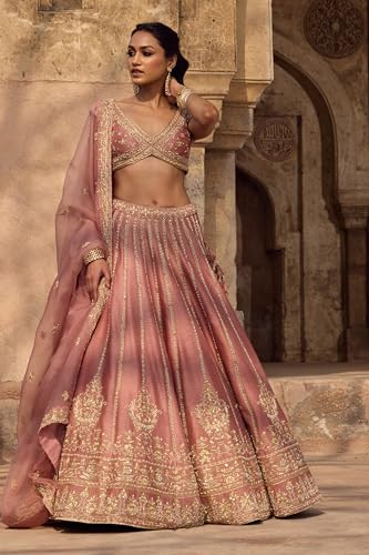 Image of JIHU CULTURE Women's Semi-Stitched Pink Fancy Silk Zari & Sequin Embroidered Lehenga Choli with Net Dupatta