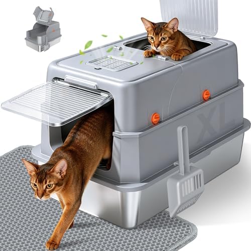 Stainless Steel Litter Box with Lid, High Sided Enclosed Metal Li...
