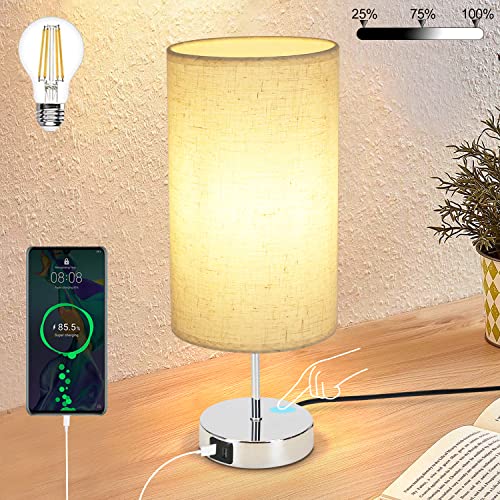 GBLY Lampe de Table Lampe de Chevet Salon Vintage - 1x E27 Chrome avec Fonction de Charge USB Veilleuse Rechargeable Dimmable Blanc Chaud Touch avec Abat-Jour en Tissu Cover