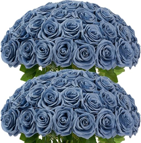 LATRORA 100 Pcs Fake Dusty Blue Roses Artificial Blue Flowers Bulk Realistic Silk Faux Rose with Long Stems for Wedding Bridal Bouquet Anniversary Floral Arrangement Decor