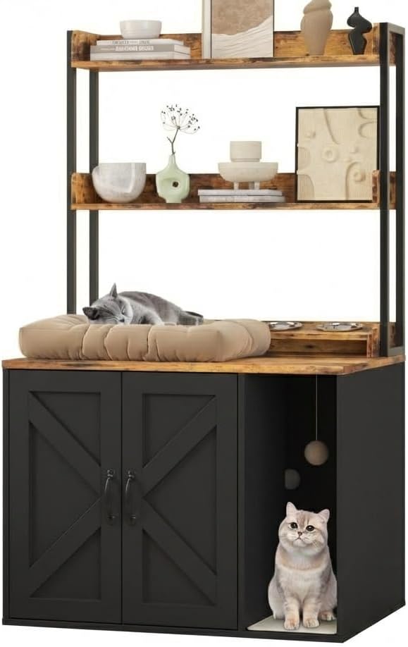 Cat Litter Box Enclosure,Hidden Litter Box Furniture with Divider,Indoor Cat House,Wooden Cat Washroom Storage Cabinet Bench, Side End Table Nightstand, 33.07"L × 23.62"W × 23.92"H,White&Brown