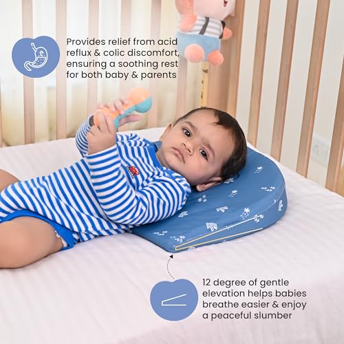 Image of Cherilo C Shaped Elevated Wedge Baby Pillows for New Born,Pillow for Kids,Crib & Mattress,Prevents Acid Reflux,Colic,Gerd,Heat Burn & Vomiting,15 inch X 12 inch X 3 inch - with Cover - Star Design - Blue
