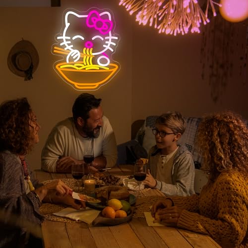 Image of Ramen Cat Neon Sign for Wall Decor Cute Dimmable Neon Light for Bedroom Living Room Kitchen Bar Man Cave Cartoon LED Light Cat Noodle Decor Gift for Cat Lovers Anime Fans Home Party Lighting Size 11.2*13.7(CP011)
