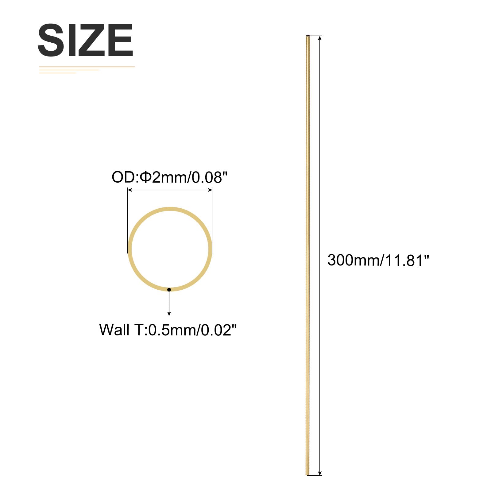 Ottone Tubo 2mm x 0.5mm x 300mm Rotondo Metallo Tubazione 4Pz