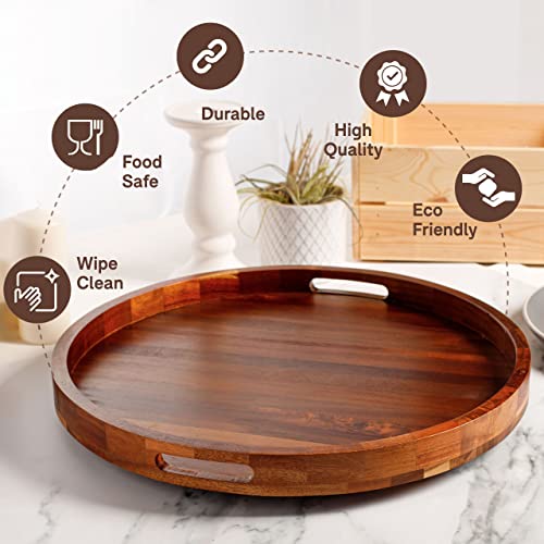 Galleon Gourmet 18" Lazy Susan Turntable Tray In Acacia Wood With Handles & Lipped Edge #TOP2