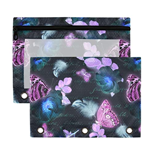 Night Rose - Estuche de plástico transparente impermeable con 3 anillas para lápices, diseño de mariposas y luciérnagas, con cremallera, organizador de documentos de oficina