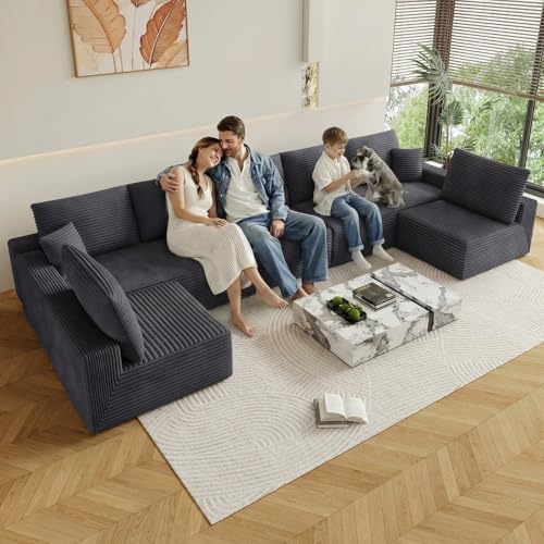 Image of Oversized Modular Sectional Sofa Couch, Large 7 Seater Corner Sofa Modern U Shaped Sectional Couch Cloud Couches for Living Room, Office, Spacious Space, Corduroy, No Assembly Required, Dark Grey