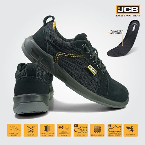 Image of JCB Swift Light Weight Safety Shoes for Man | Suede Leather & Breathable Mesh | Steel Toe Cap | SRC Antislip & Oil Resistant | Double Density, Antistatic & Abrasion Resistance | Black | Size 6-10 UK