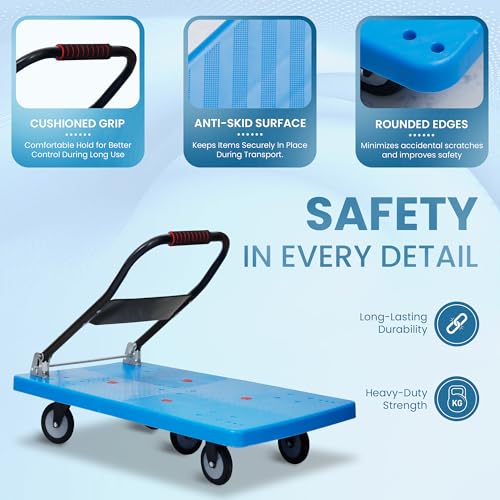 Image of Robustt 500 Kg Heavy-Duty Foldable Platform Trolley (Blue) | Plastic Hand Truck with 360 Rotating Wheels & Cushioned Grip | Material Handling Cart for Home, Office, Warehouse & Industrial Use
