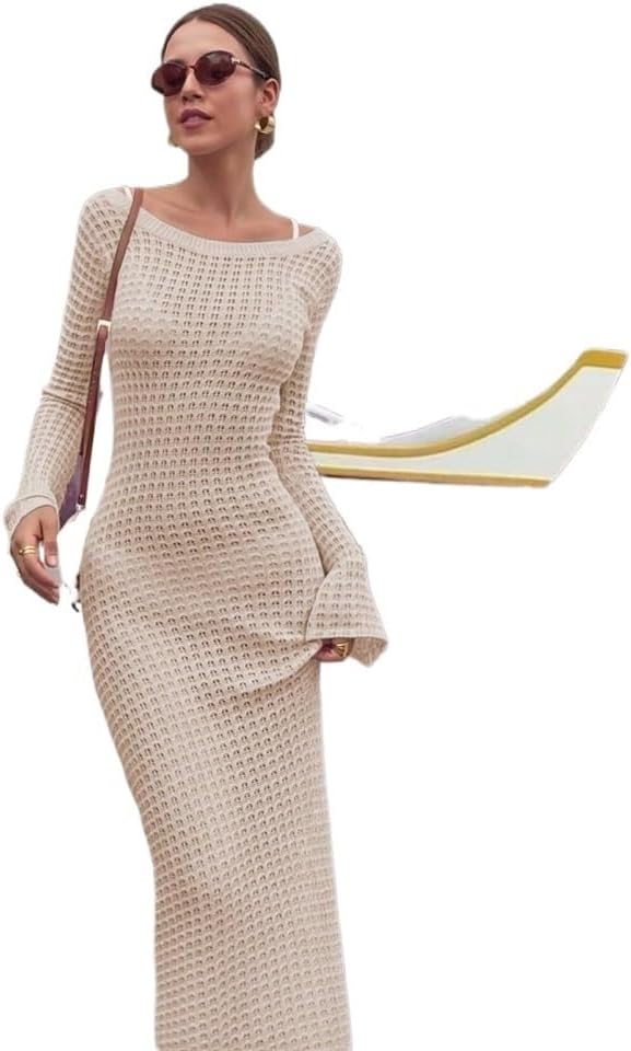 Women's Summer Sexy Backless Elegant Knit Long Sleeve Dress, For Beach Cover-Up, Outfits For cover ups for swimwear