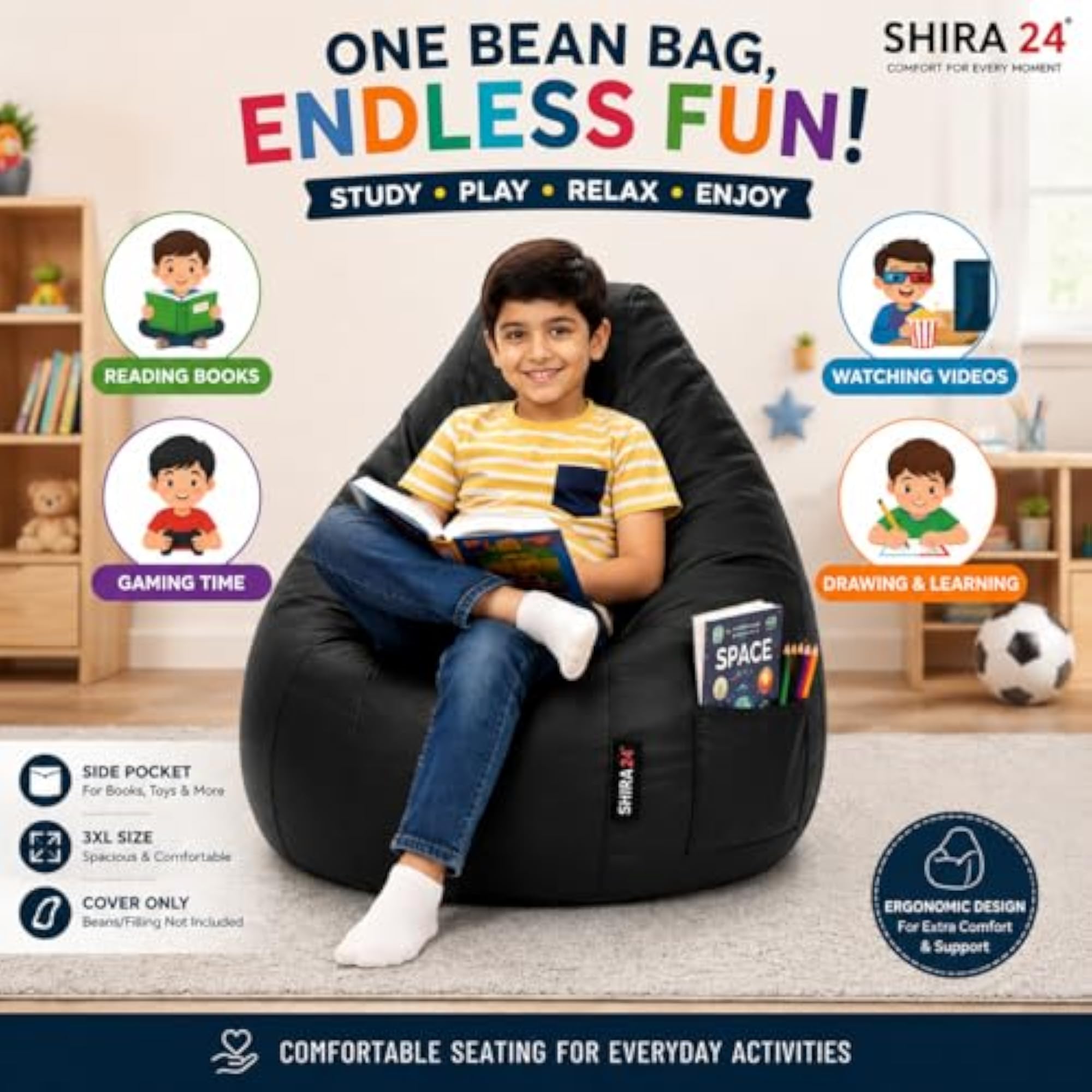 Kids Teardrop Bean Bag Cover with Side Pocket