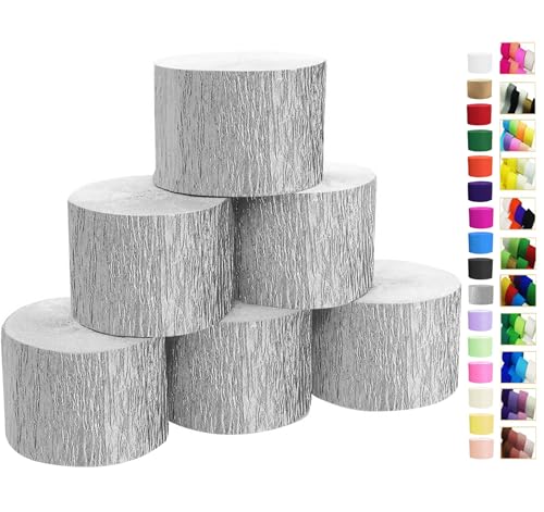 Image of Silver Crepe Paper Streamers 6 Rolls, Party Streamers for Birthday Wedding Baby Bridal Shower Decorations Halloween Christmas Craft Supplies (1.8 Inch x 82 Ft /Roll,492ft)