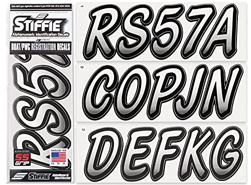 Stiffie Whipline White/Black Super Sticky 3" Alpha Numeric Registration Identification Numbers Stickers Decals For Sea-Doo Spark, Inflatable Boats, Ribs, Hypalon/Pvc, Pwc And Boats. #TOP17
