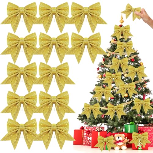 12 Stück Weihnachtsschleifen,18x13cm Weihnachten Schleifen Weihnachtsbogen Band Glitzer Schleife Weihnachtsbaumschmuck,Weihnachtskranz Weihnachtsfeier Dekoration DIY Handwerk (Gold)