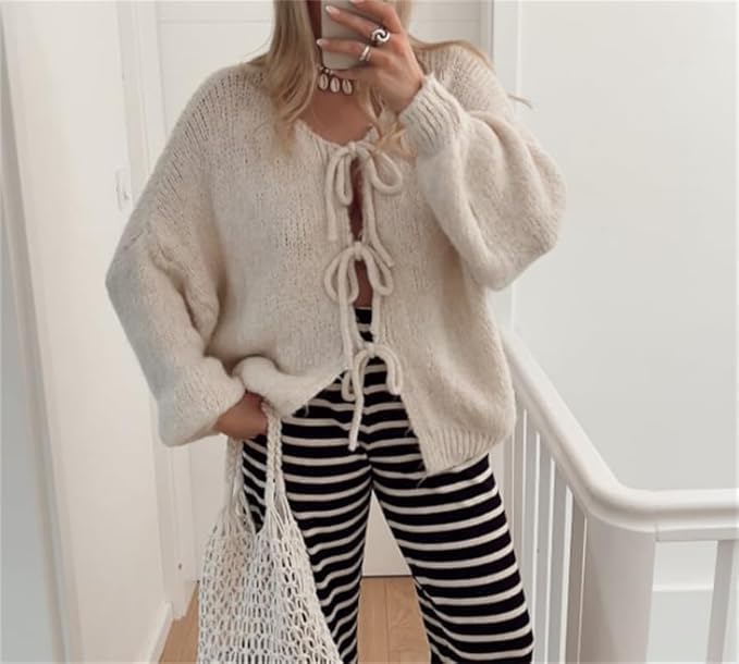 Image of Women Knitted Tie Front Cardigan Tops Casual Knitwear Top Long Sleeve Open Front Baggy Sweater Y2k Girls Outwear (Beige, M)