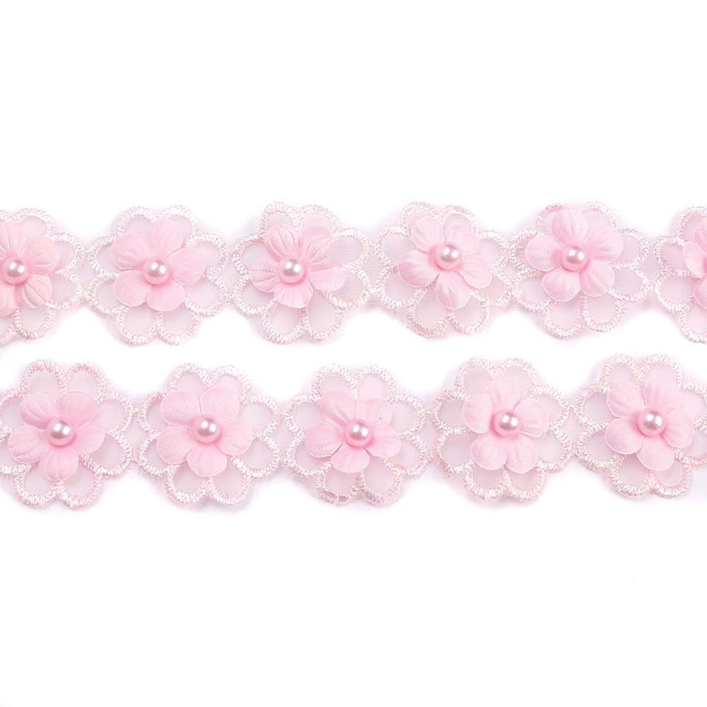2 Yard Pearl Flower Beads Lace Edge Trim Ribbon 3cm Vintage Embroidered Edging Trimmings Applique Sewing Craft (Pink)