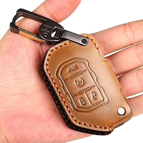 EASYANT Handmade Leather Car Key Fob Cover Compatible with 2018 - 2022 Jeep Wrangler Gladiator Sahara Rubicon 4 Buttons Brown Cover