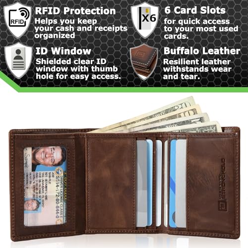 ID Stronghold Slim RFID Trifold Wallet for Men - Genuine Buffalo Leather - Whiskey4