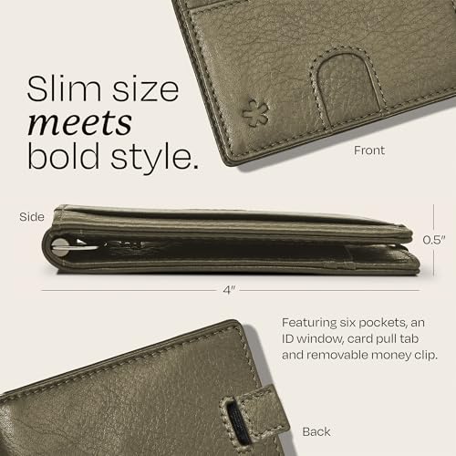 Image of Swear Brands Full Grain Leather Wallet with RFID Blocking & Money Clip - Minimalist Bifold Wallet Holds 12 Cards - Easy Access Pull Tab - Ethically Sourced (Green)