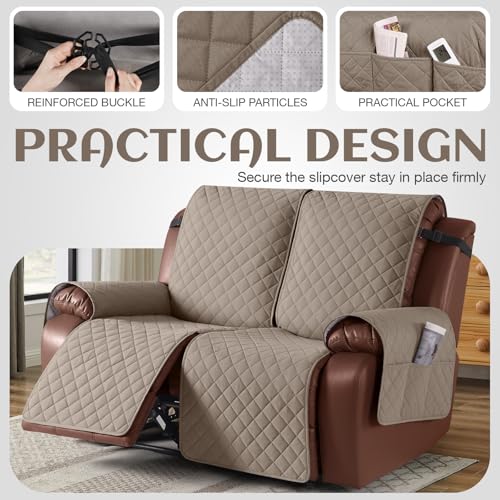 Image of KinCam Waterproof Loveseat Recliner Cover, Non-Slip Reclining Couch Covers for 2 Seat, Recliner Sofa Cover Furniture Protector with Elastic Straps for Kids, Pets, Taupe