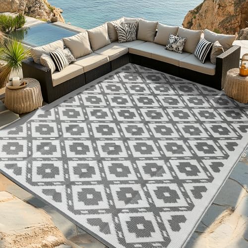 9x18ft-Outdoor-Rug-Waterproof-Reversible-Plastic-Straw-Outdoor-Patio-Rug-Clearance-Portable-Indoor-Outdoor-Carpet-for-Patio-RV-Deck-Balcony-Backyard-Picnic-Beach-Square-Dashed-Gray 9x18ft Outdoor Rug Waterproof, Reversible Plastic Straw Outdoor Patio Rug Clearance, Portable Indoor Outdoor Carpet for Patio, RV, Deck, Balcony, Backyard, Picnic, Beach, Square Dashed Gray - Image 1