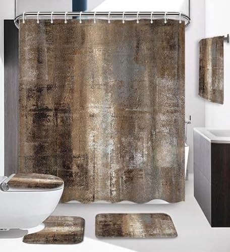 Lnond 5Pcs Bathroom Sets with Shower Curtain and Rugs and Bath Towels, Brown Abstract Abstract Art Painting Bathroom Decor Sets with Shower Curtain and Rugs and Accessories