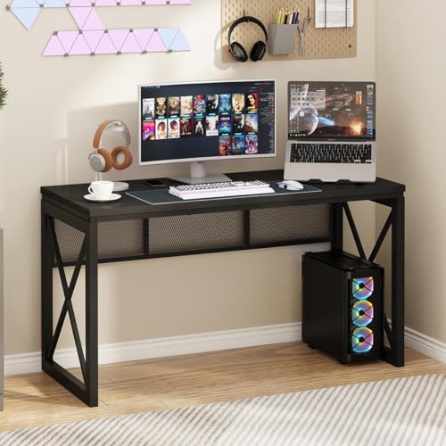 BON AUGURE Black Desk, Wood Computer Desk, Industrial Office Desks, Sturdy Writing Desks for Bedroom, Home Office, Living Room Study Workstation (Black, 54 Inch)