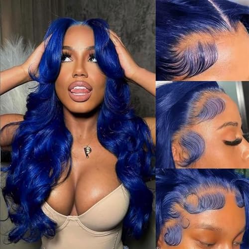 Dorashion 26 Inch Drak Blue 13x4 Body Wave Lace Front Wigs Human Hair 180 Density Glueless HD Transparent Lace Frontal Wigs Human Hair Pre Plucked With Baby Hair Blue Wigs For Women