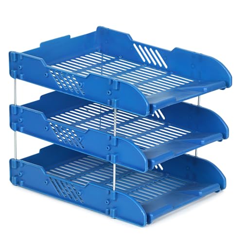 Image of File Tray Rack ABS Plastics | Foldable Office Desk Accessories | Durable & Sturdy | Easy Assembly | Efficient Organizer | Plastic Office Stationery Files Layer Rack (3 Layer, Blue)
