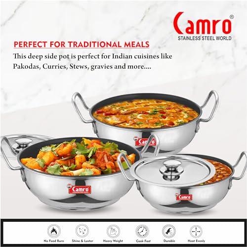 Image of Camro Non Stick Kadhai with Lid (16 No, 5 Liters) | Stainless Steel Kadhai | Gas Stove Compatible | Dishwasher Safe | 15+Years of Innovation and Quality