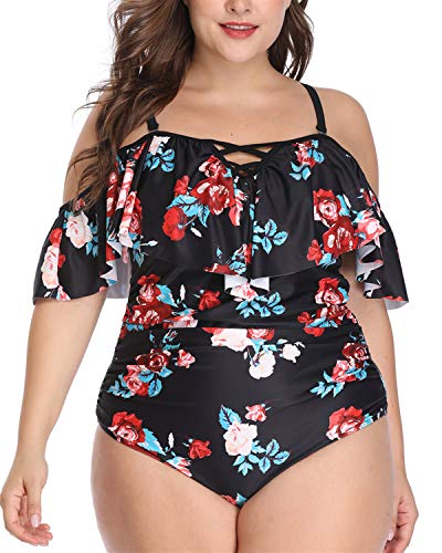Daci Women Floral Plus Size One Piece Swimsuits Tummy Control Flounce Off Shoulder Bathing Suits 20 Plus
