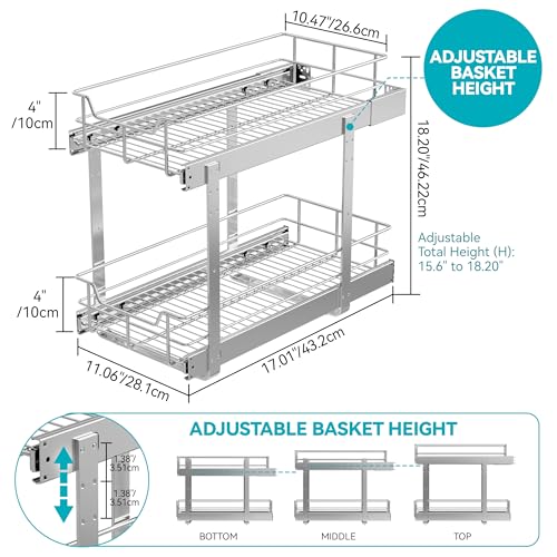 Image of 2 Tier Pull Out Cabinet Organizer 11 inch W X 22 inch D, Chromed, Full Slide Out