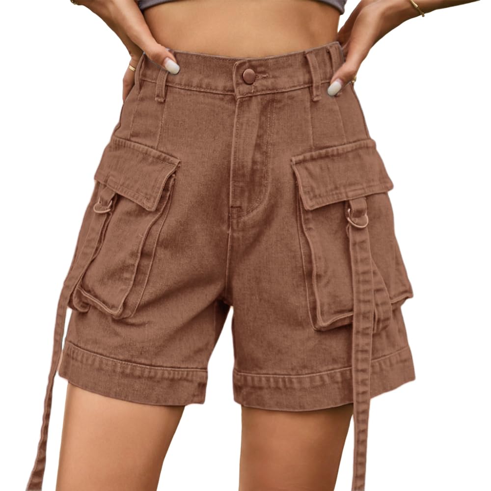 SECN Denim Cargo Pants Casual Pocket Shorts Elastic Waist Women Shorts