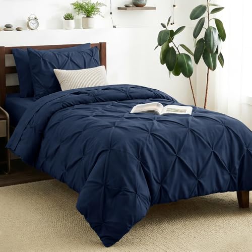 CozyLux Twin Comforter Set with Sheets Navy Blue, 5 Pieces Pintuc...