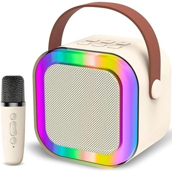 Latest K12 6W Bluetooth Speaker with Wireless Karaoke Mic, 4 Hours Playtime, Multicolor RGB Lights, 4 Voice Effects, AUX in, BT5.0v, Micro SD Card, Type C Charging Port (Multicolor)
