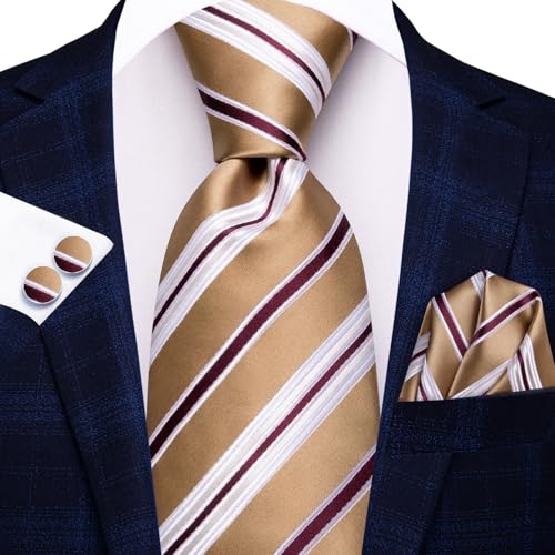 Image of Dubulle Silk Ties Set for Men Formal Paisley Striped Necktie Pocket Square Cufflinks 3PCS Sets Wedding Business Party