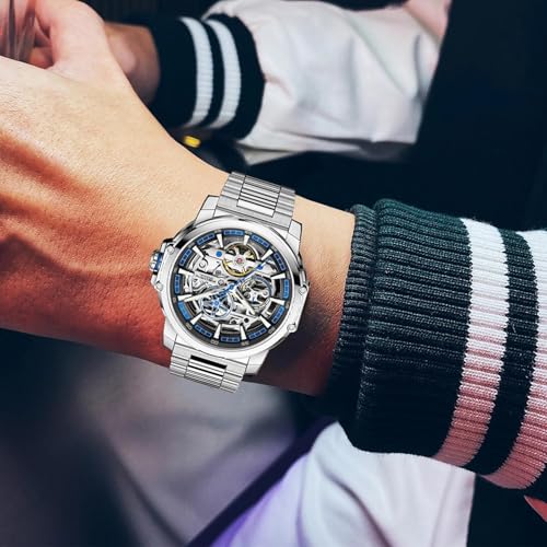 Image of FORSINING Men's Luxury Automatic Skeleton Mechanical Watch, Industrial Style Self-Winding Hollow Watches with Tourbillon & Luminous Function, Stainless Steel Strap Mens Wristwatch