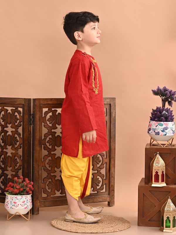 Image of superminis Baby Boy's Handloom Cotton Kurta With Embroidery Around The Neck And Contrast Color Dhoti Clothing Set