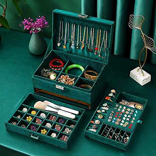 Image of Velvet Three Layer New Vintage Flannel Jewelry Box Earrings Earrings Rings Necklace Bracelets Jewelry Organiser Storage Case With Drawer For Girls Women Dark Green (AB-05)