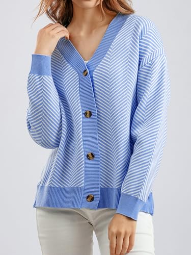 Image of ZAFUL Women's Striped Cardigan Button Up Open Front Knit Oversized Sweater | Button down, Soft chunky knit, Lightweight, Loose fit, Long lantern sleeve, Casual Daily Going Out, Fall Winter Outfits