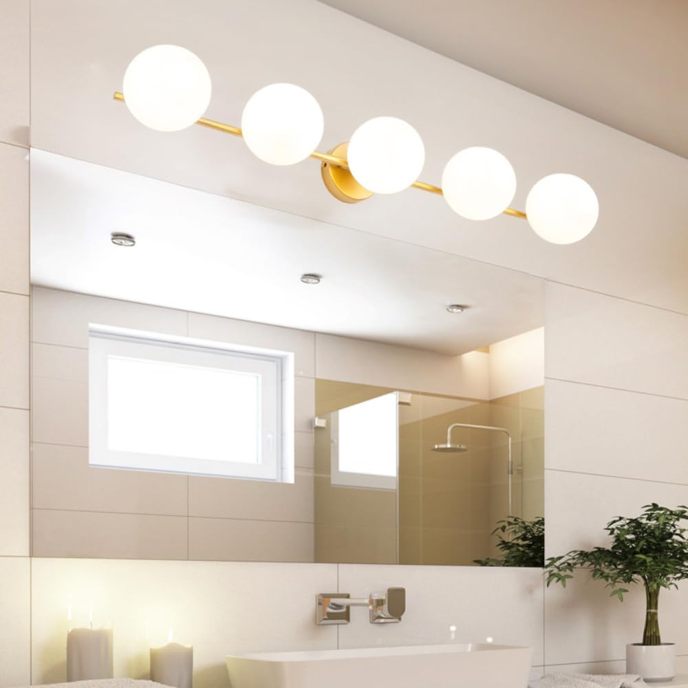 XINYASEE Applique murale d'intérieur Lampe murale de salle de bain en boule de verre blanc laiteux, lampe miroir adaptée à la salle de bain, au salon, à la chambre, etc. (5 têtes)