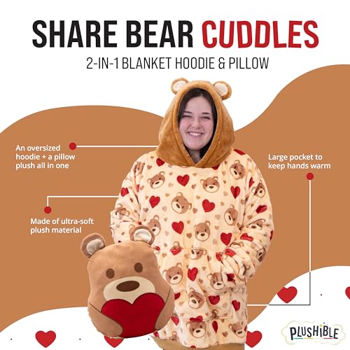 Image of Wearable Blanket Hoodie - Teddy Hearts 2-in-1 Blanket Hoodie for Adults - Oversized Sweatshirt with Pocket - Heart Print Reversible Hoodie & Travel Pillow