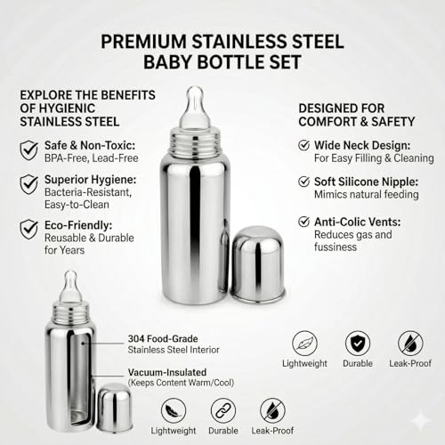 Image of Y.GOYAL&CO. Stainless Steel Baby Feeding Bottle 250ml with Silicone Nipples and Cleaning Brush, BPA Free, Anti Colic Valve, Wide Neck for Newborns Babies, Infants, and Toddlers (PK-8-GRY)