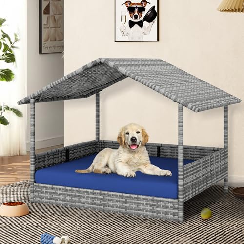 YITAHOME Large Wicker Dog House with Cushion Outdoor Indoor Rattan Doghouse Elevated Raised Dog Bed with Canopy Water Unaffected Dog Cot for Small, Medium, and Large Dogs, Gray & Blue