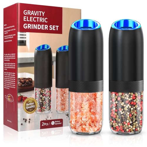 51yIs8Q +gL. SL500 BoAn Gravity Electric Pepper and Salt Grinder Set Upgraded,Battery Operated Salt and Pepper Grinder Set,Ceramic Larger Salt Grinder Refillable, Adjustable Spice Grinder for Kitchen BBQ Gifts (Black)