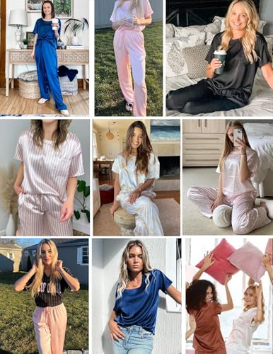 Image of Ekouaer Womens Satin Silky Pajama Set Short Sleeve Shirt with Long Pajama Pant Set Soft PJ Loungewear