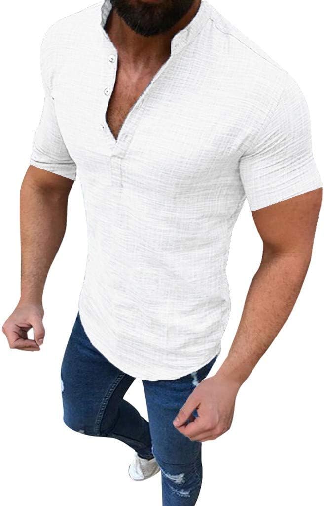 Ymosrh Men's Tshirts Shirts Casual Shirt Collarless Standing Collar Summer Top Short Sleeve Button Down Shirts