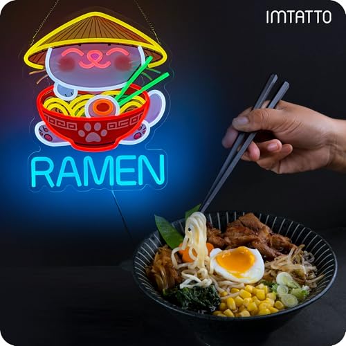 Image of Fortune Cat Ramen Neon Sign Dimmable Japanese Lucky Cat Noodle LED Lights for Wall Decor USB Powered Neon Signs for Ramen Shop Restaurant Bar Party Bedroom Birthday Gifts (16.5 * 12.6in)