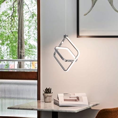 Image of Modern LED Chandelier Chrome Rectangular Pendant Light Fixtures 4000K 20W Dimmable Height Adjustable Pendant Lighting for Dining Room Kitchen Island Bedroom Living Room Foyer（1-Pack）